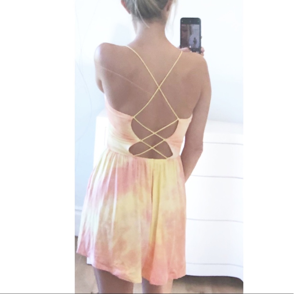 LAST 1! Tie Dye Romper Lace Up Back Yellow Small - Picture 2 of 9